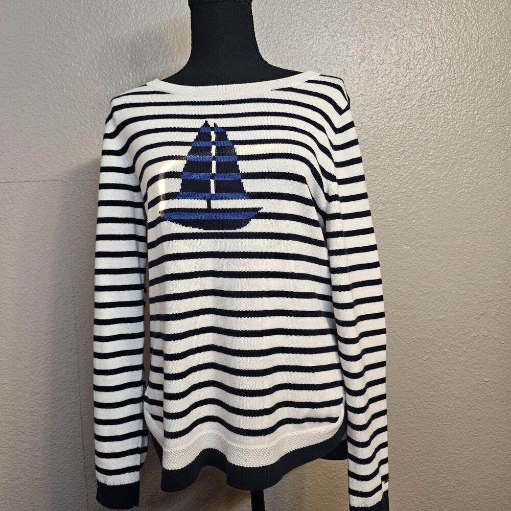 Tommy Hilfiger Striped Sailboat Sweater Women’s Large Nautical Navy White EE762